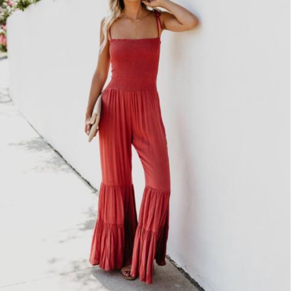 Storia Solid Color Bell Bottom Wide-Leg Jumpsuit